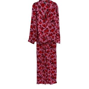 Loft Pajamas Red Pink 2 piece set Satin Woman’s Size Medium Floral collared